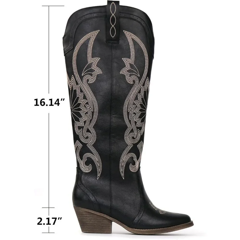 Women's Black Faux Leather Pointed Toe and Block Heel Classic Embroidered Boot